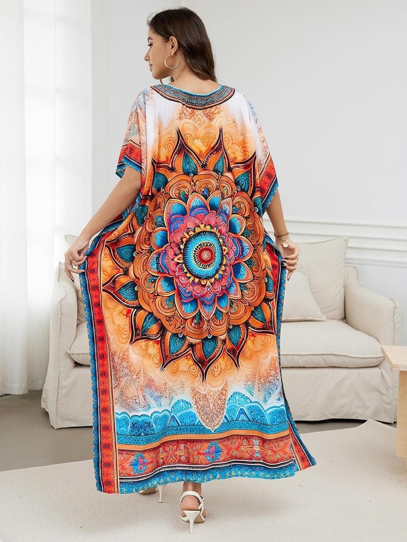 IMAGEKOPE Women's Plus Size Loose Fit Moroccan Print V-Neck Batwing Kaftan Beach Dress Bathing Suit Cover Up - Image 5